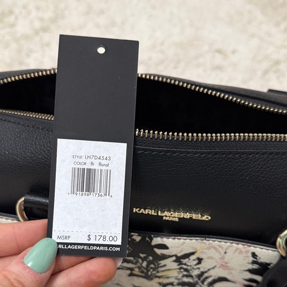 💐NWT Karl Lagerfeld Black and Cream Floral Satchel - Picture 11 of 11